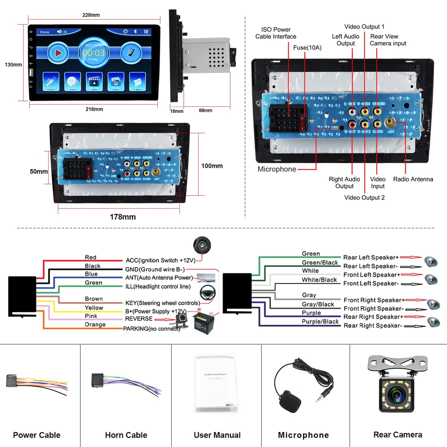 Car stereo 1 Din with Bluetooth hands-free calling IOS/Android Mirror Link 9 inch touchscreen, with Bluetooth FM Radio USB/AUX/TF/EQ/7 Colors Light Steering wheel control + Rearview camera Microphone