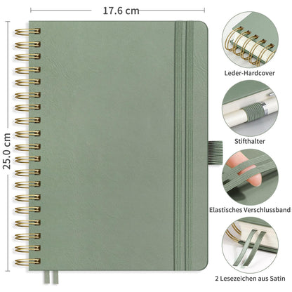 RETTACY B5 Dotted Notebook, Bullet Dot Journal with 100gsm Thick Paper, 150 Sheets, for Office and School, Leather Cover, Light Green, 17.6cm x 25cm