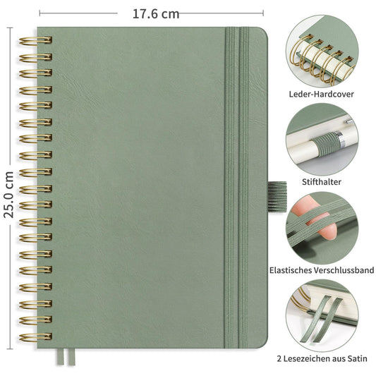 RETTACY B5 Dotted Notebook, Bullet Dot Journal with 100gsm Thick Paper, 150 Sheets, for Office and School, Leather Cover, Light Green, 17.6cm x 25cm