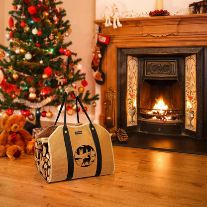 ART-GIFTREE Large waxed linen tote bag with handles, 99 x 45 cm, sturdy wooden holder for fireplace - Reindeer