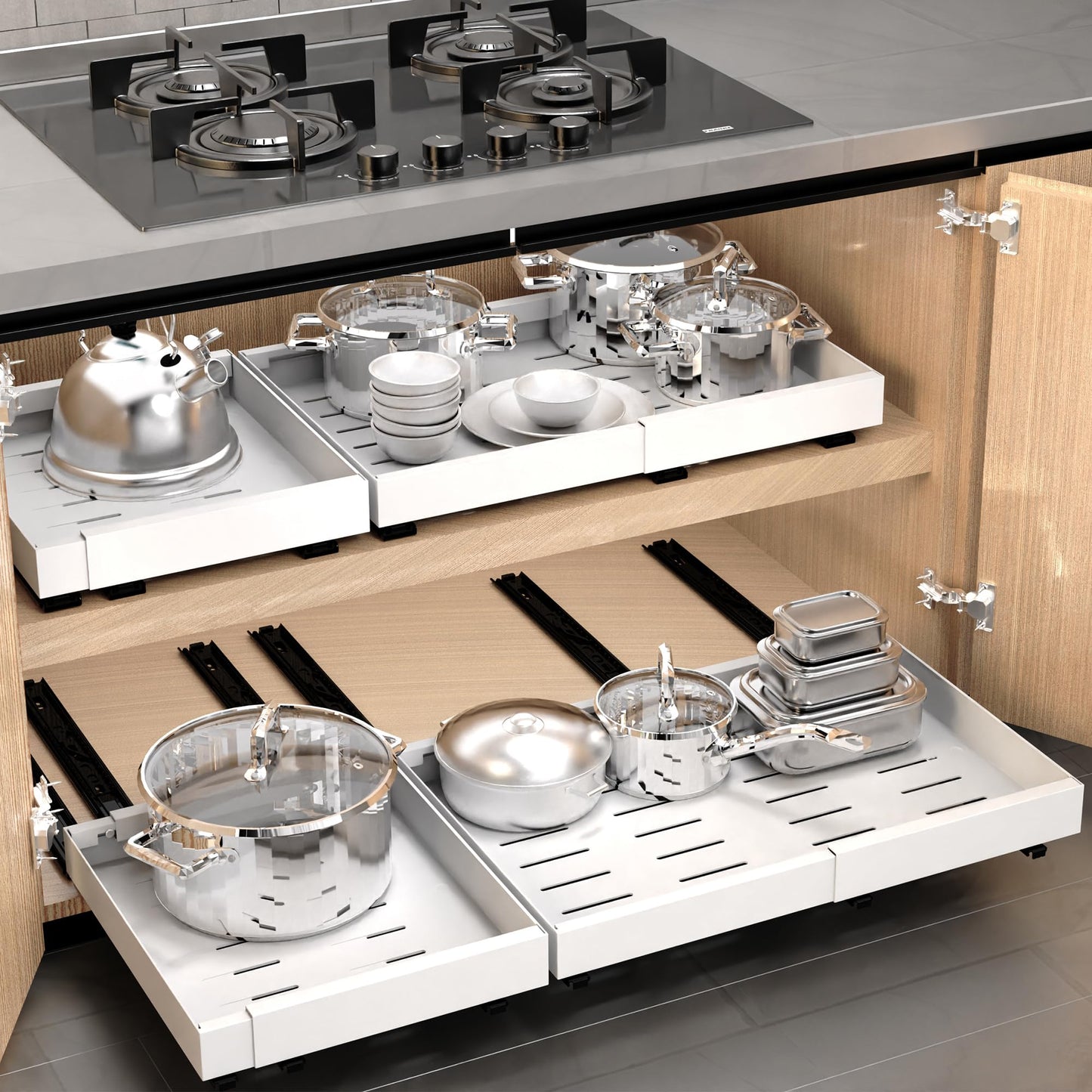 WISD Telescopic Drawer - Pull-Out Cabinet Organizer With 3 Rails - No Drilling - Adjustable Width (32-48cm) - Cabinet Drawers Pull-Out for Kitchen, Pantry, Bathroom (White, 2 Pieces)