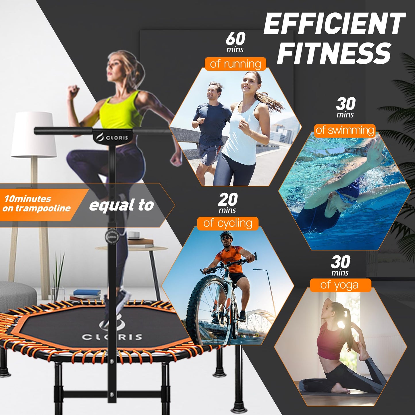 CLORIS 101.6 cm foldable fitness trampoline - maximum load 400lb, mini-rebounder with adjustable foam handle for kids and adults, indoor/outdoor, fitness, body exercise (Orange)