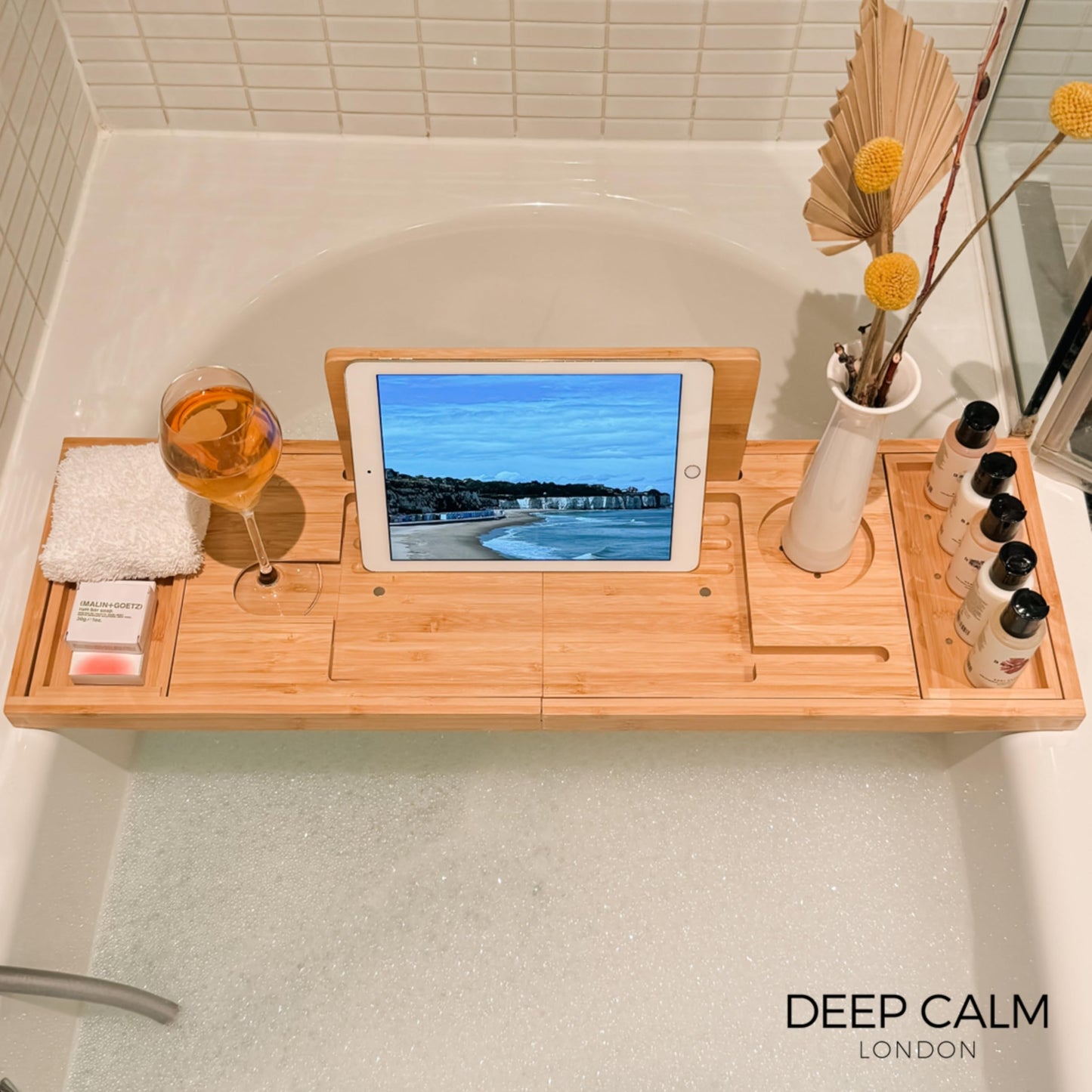 Deep Calm Bathtub Tray - Adjustable Bamboo Bathtub Caddy - Non-Slip Bathtub Shelf Fits Most Tubs - Holds Book, iPad, Phone, Glass, Candle (Natural)