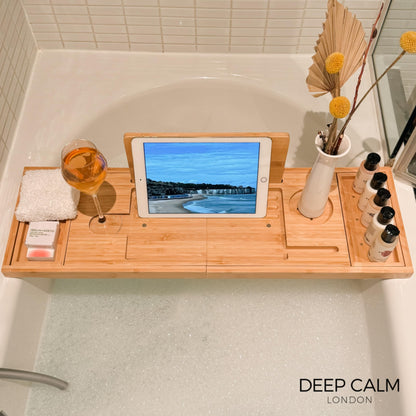 Deep Calm Bathtub Tray - Adjustable Bamboo Bathtub Caddy - Non-Slip Bathtub Shelf Fits Most Tubs - Holds Book, iPad, Phone, Glass, Candle (Natural)