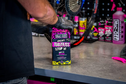 Muc-Off Ultimate Tubeless Kit setup for tubeless-ready bikes, road/gravel/CX 60 mm - includes rim tape, bike patch kit, tubeless valves, and tire sealant.