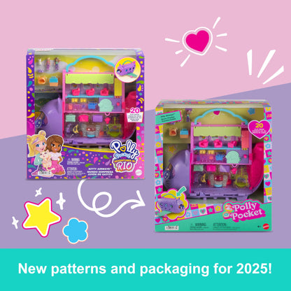 Polly Pocket dolls and playset, Kitty Airways airplane, travel toy with 2 small dolls and animal, rotating stage and accessories, HWP19