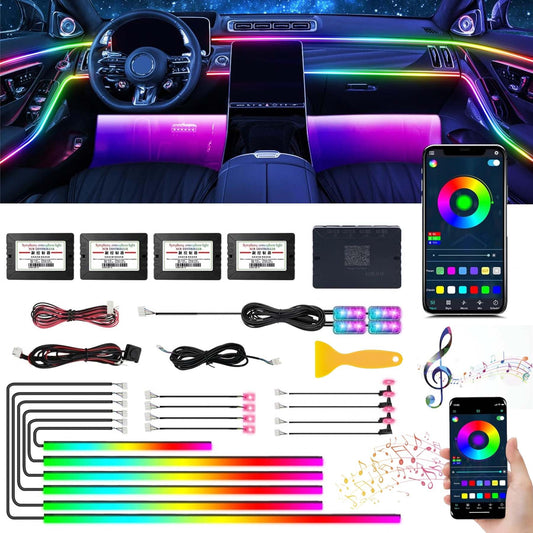 LED interior car lighting, 18 in 1 car interior lighting, LED car fiber optic strips, LED car ambient lighting, APP neon lighting for cars, RGB interior car lighting with music sync rhythm.