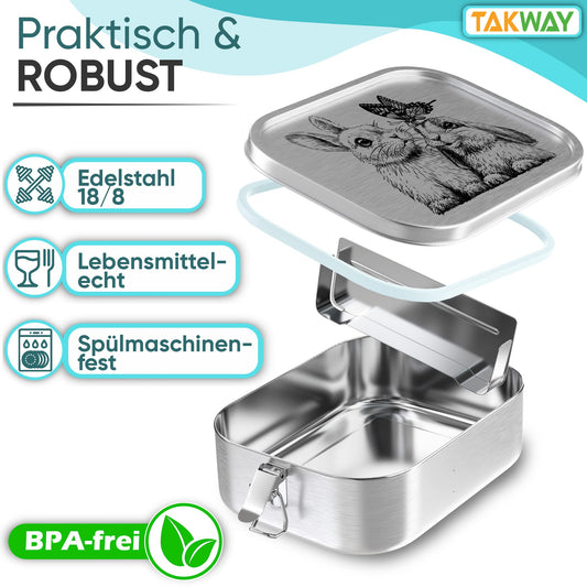 TAKWAY Stainless Steel Lunch Box for Kids with Compartments 800ml | Leak-proof | Bento Box with customizable divisions | Snack box for kindergarten, daycare, school (Bunny, divider)