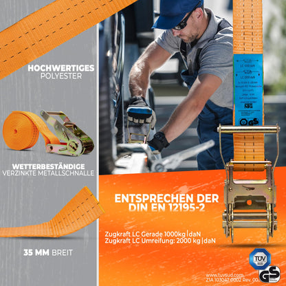 10 pieces of tie-down straps, 4m long, 2t (2000 daN, KG) - TUV/GS tested - one-piece, 35mm wide with galvanized steel ratchet - sturdy & weatherproof -