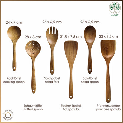 ALEXE® Kitchen Helper Set made of acacia wood, 6 pieces of wooden kitchen utensils set (acacia), Japanese style, scratch-resistant and heat-resistant, wooden cooking spoon set for non-stick pans