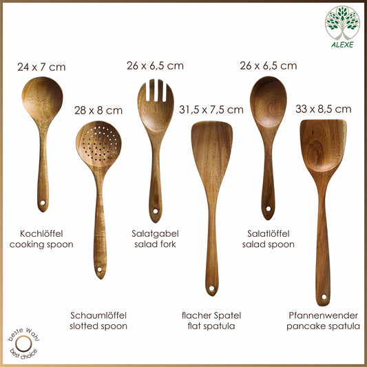 ALEXE® Kitchen Helper Set made of acacia wood, 6 pieces of wooden kitchen utensils set (acacia), Japanese style, scratch-resistant and heat-resistant, wooden cooking spoon set for non-stick pans
