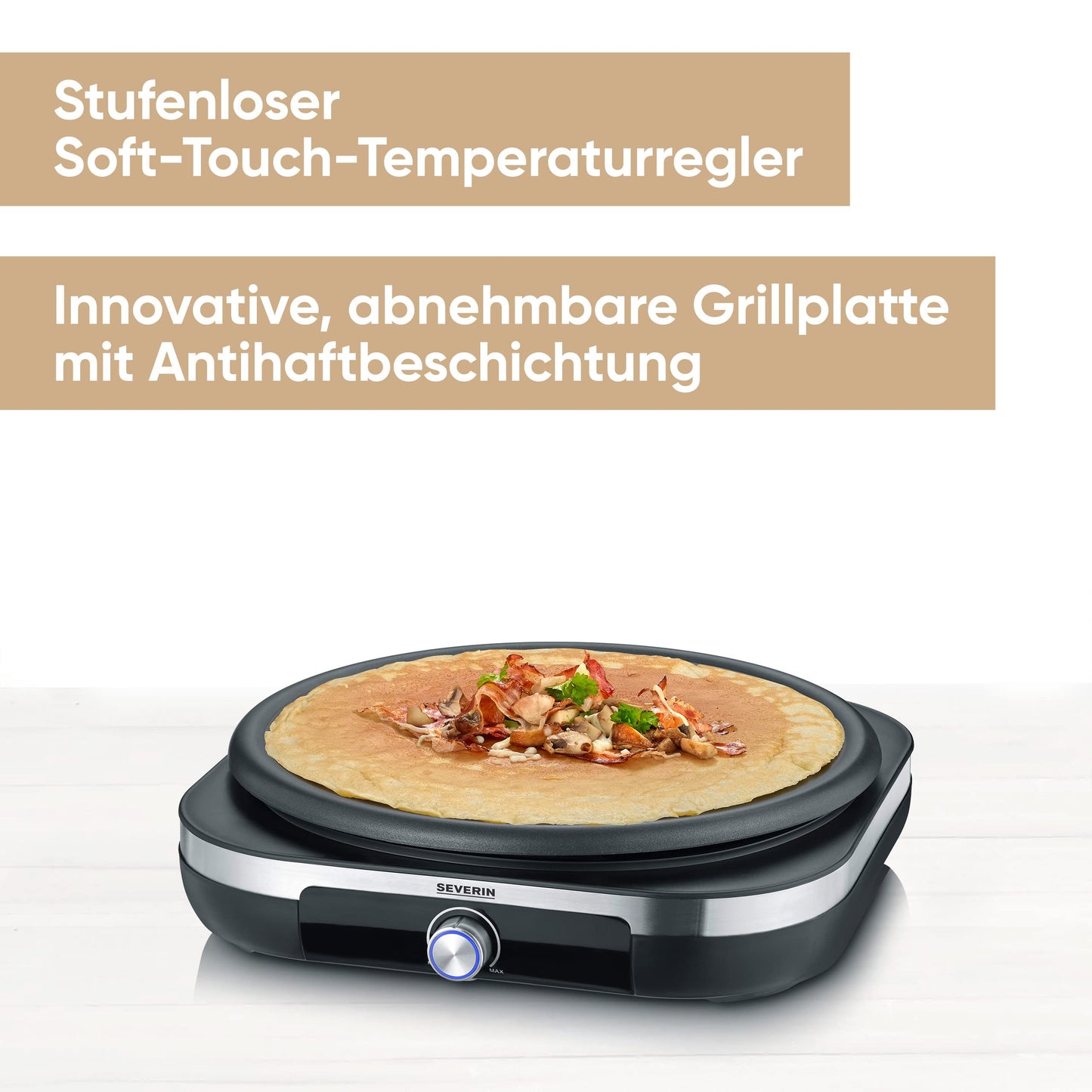 SEVERIN Crêpe Maker, crepe iron for sweet crepes and savory galettes, with removable XXL grill plate (38 cm), approx. 1,500 W, stainless steel brushed/black, CM 2199