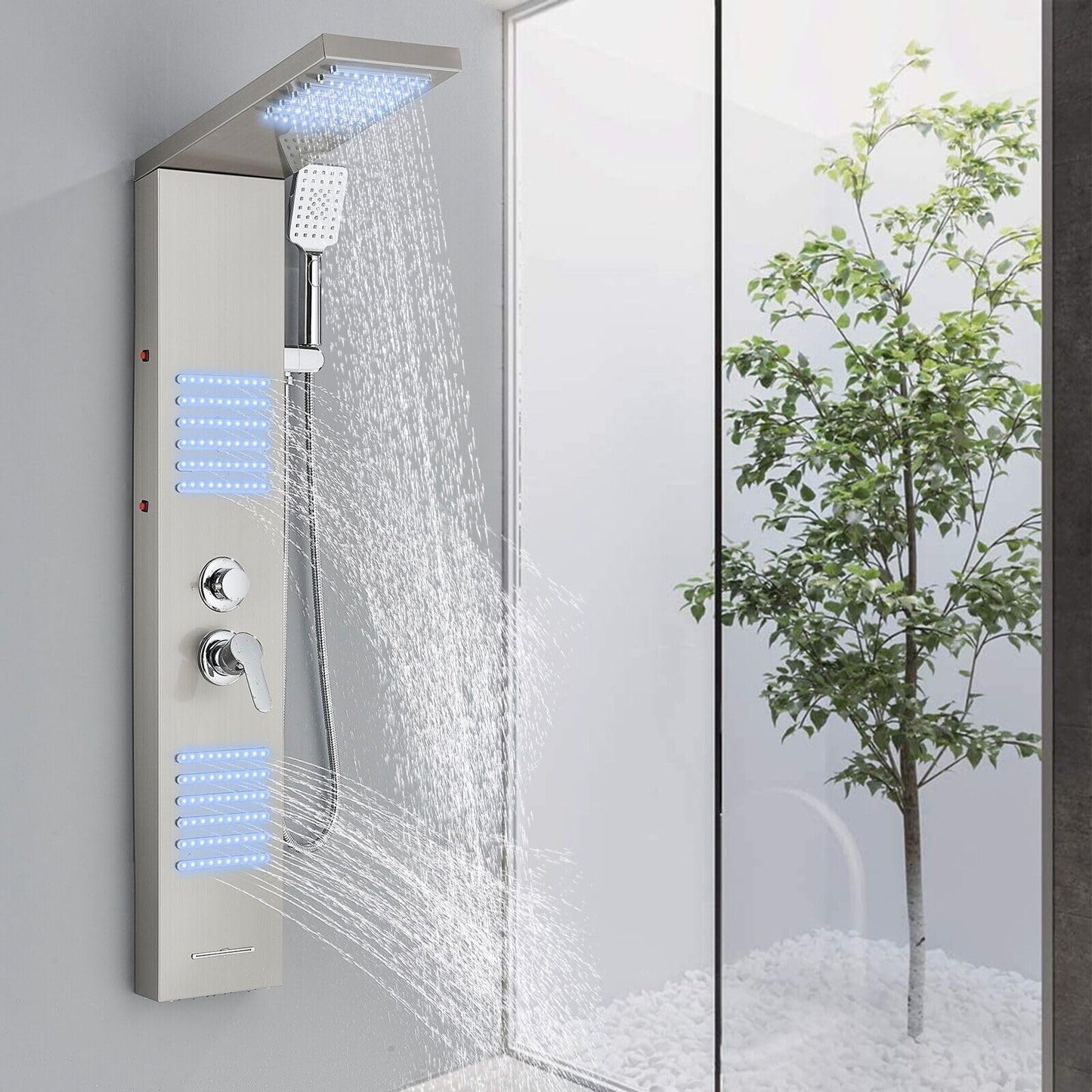 Shower panel with faucet, rain shower, bathtub faucet, shower column, shower system, shower set, brushed nickel LED stainless steel 304 with 4 shower functions.