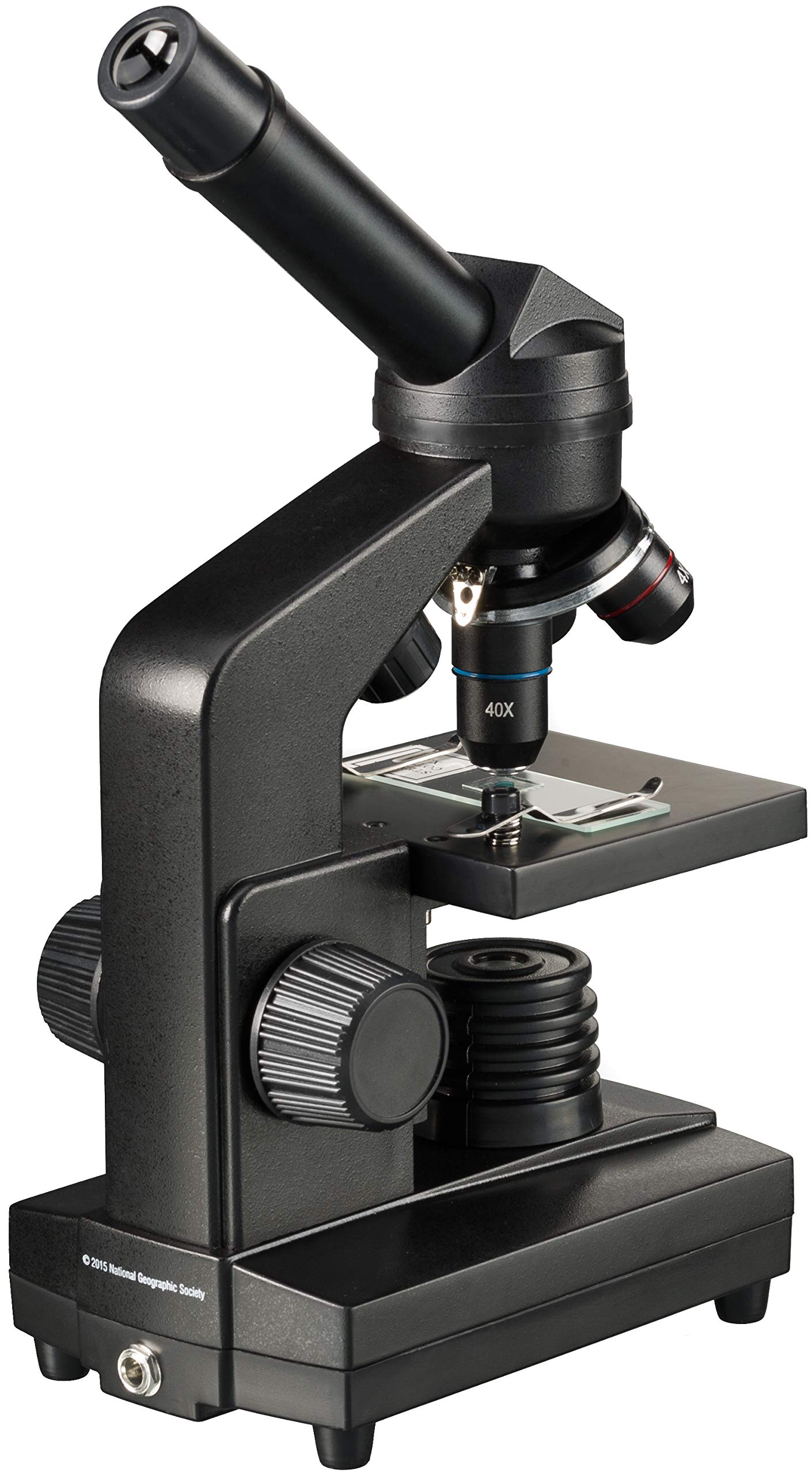 National Geographic 40-1280x microscope with incident/transmitted light illumination, smartphone holder, and extensive accessories for beginners in microscopy, black