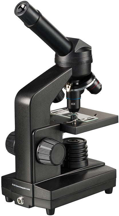 National Geographic 40-1280x microscope with incident/transmitted light illumination, smartphone holder, and extensive accessories for beginners in microscopy, black