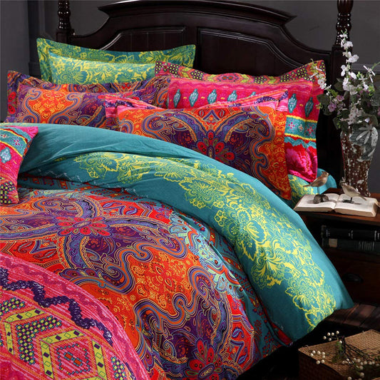 Lanqinglv Bohemian Bedding 135x200cm 4 Piece Red Boho Mandala Bohemian Reversible Bedding Set Colorful Vintage Duvet Covers with Zipper and Pillowcase 80x80cm (MJH,4PC)