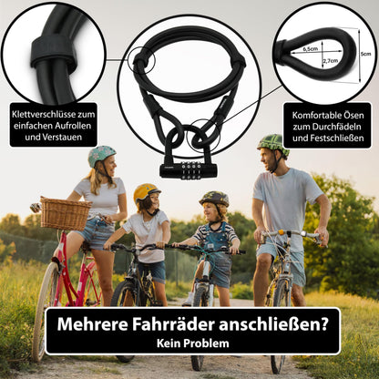 KOHLBURG Cable Lock 2 meters long with number combination - 200cm combination lock - steel cable lock with Velcro fasteners - steel cable, with number code for bike, garden furniture & bike lock