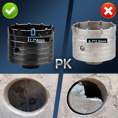 160mm carbide tipped hole saw (XXL teeth) black set including 220mm SDS plus extension and 4-cutter pilot drill 8x110mm, wall hole saw drill for masonry and concrete.