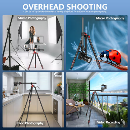 Camera tripod Manbily 178cm 70" horizontal overhead 360° aluminum tripod monopods rotating center column arm 180° travel tripod 36mm ball head & mounting platform for DSLR camera video camcorder