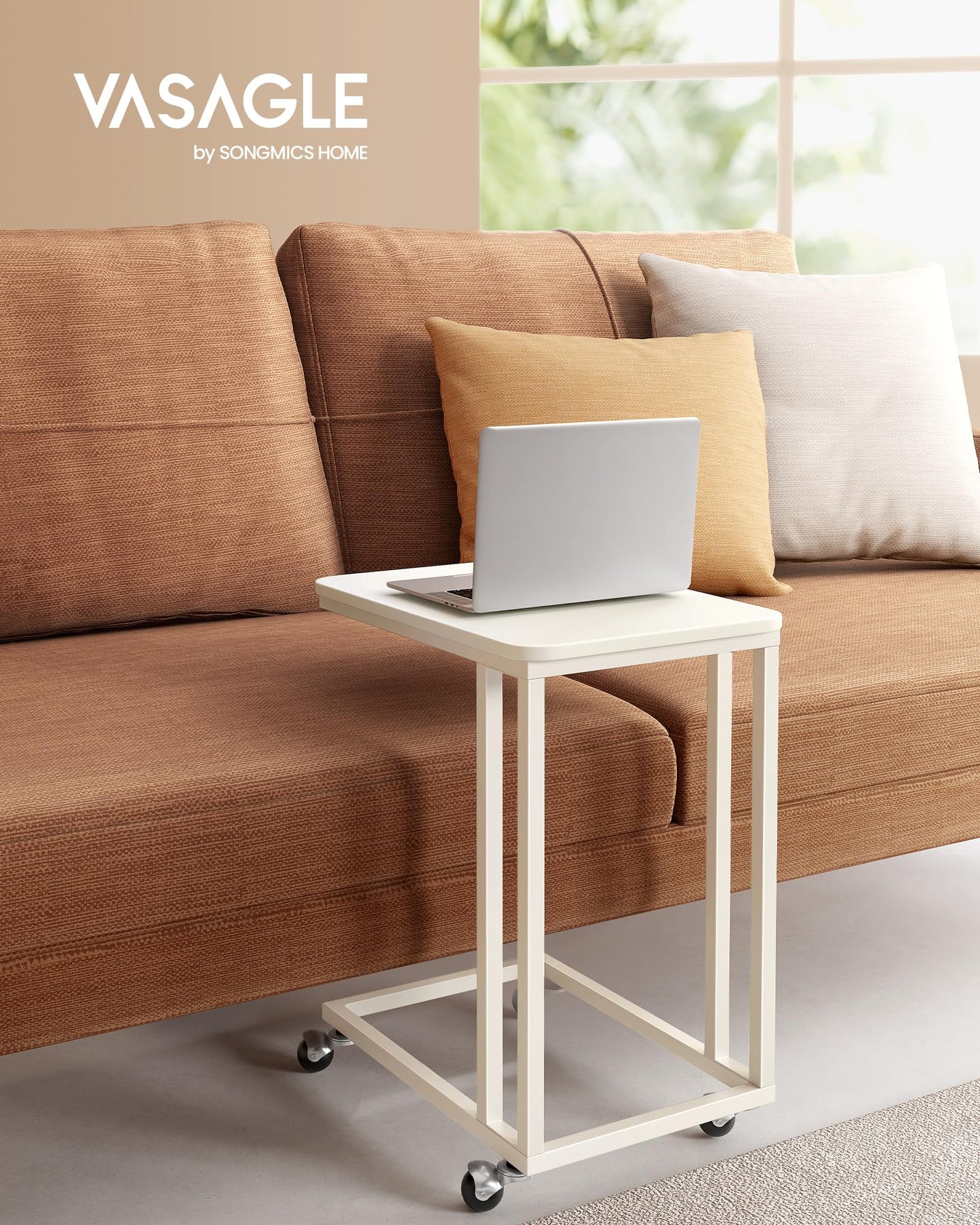 VASAGLE Side Table, C-Shaped Sofa Table with Wheels, Mobile Coffee Table, 35 x 50 x 60 cm, Living Room Table with Metal Frame, for Coffee and Laptop, Modern, Cream White LNT050W77