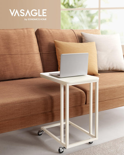 VASAGLE Side Table, C-Shaped Sofa Table with Wheels, Mobile Coffee Table, 35 x 50 x 60 cm, Living Room Table with Metal Frame, for Coffee and Laptop, Modern, Cream White LNT050W77
