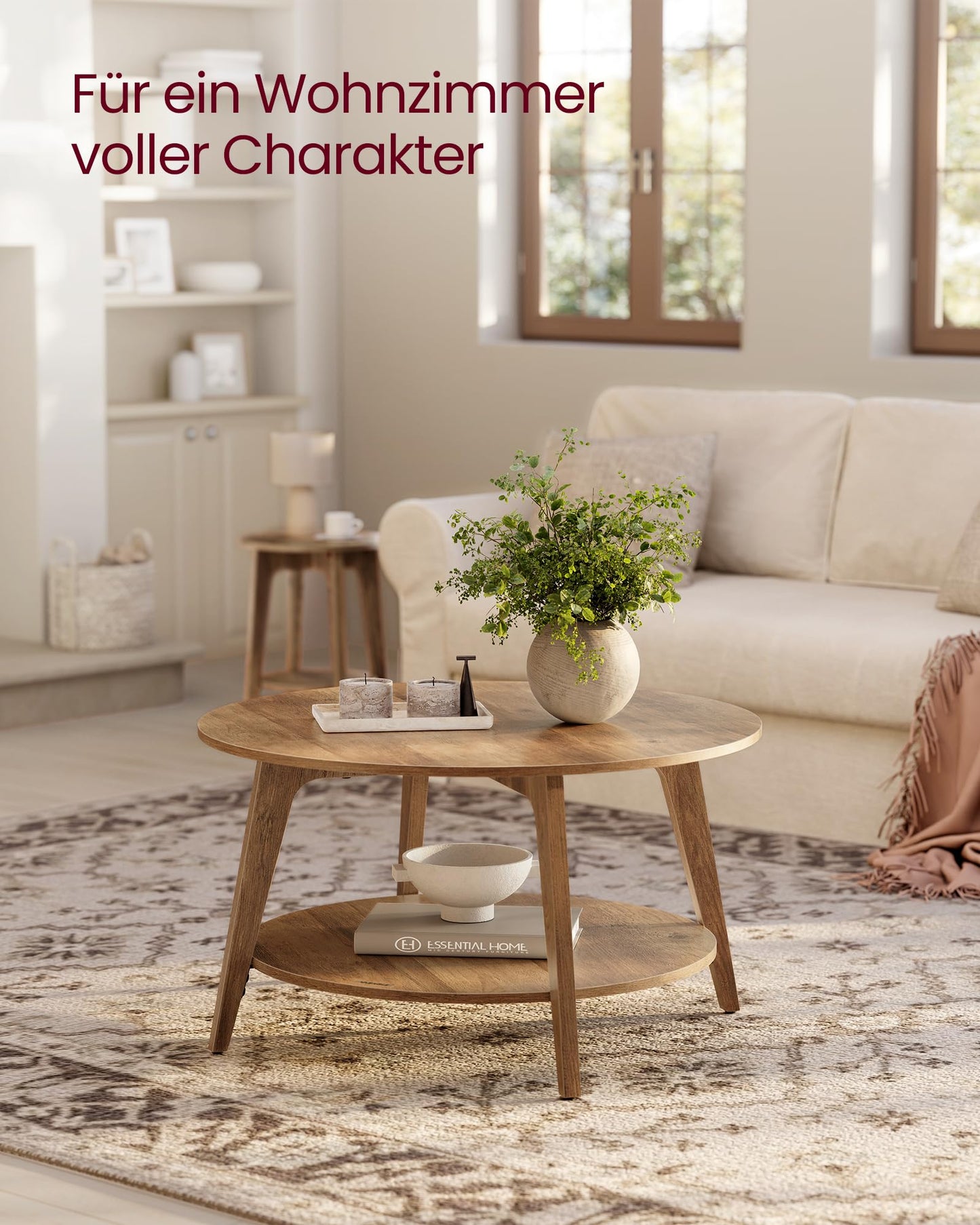 VASAGLE round coffee table, living room table with 2 levels, 80 cm diameter, 45 cm height, easy to assemble, honey brown LCT243K41