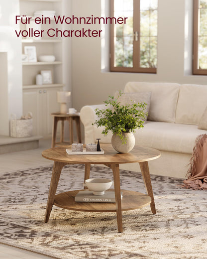 VASAGLE round coffee table, living room table with 2 levels, 80 cm diameter, 45 cm height, easy to assemble, honey brown LCT243K41