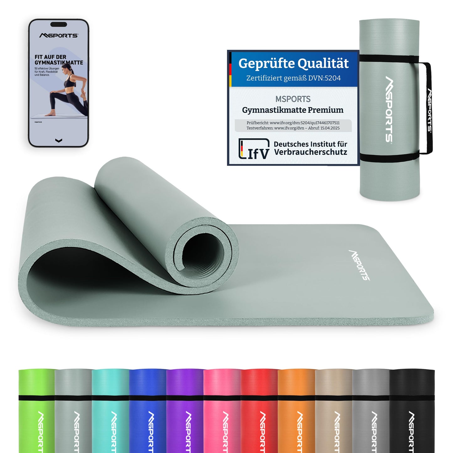MSPORTS Gymnastics Mat Premium including carrying strap + exercise poster + workout app I Skin-friendly fitness mat 190 x 60 x 1.5 cm - Stone Gray - Phthalate-free yoga mat