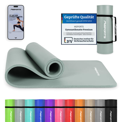 MSPORTS Gymnastics Mat Premium including carrying strap + exercise poster + workout app I Skin-friendly fitness mat 190 x 60 x 1.5 cm - Stone Gray - Phthalate-free yoga mat