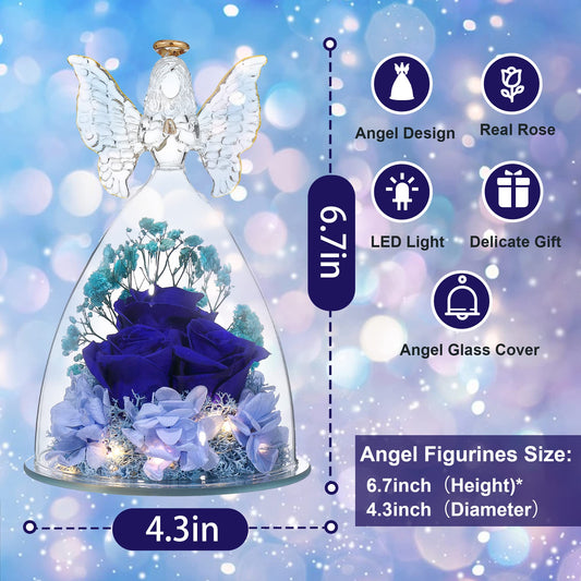 Faneeyo Angel Gifts for Women - Three Preserved Flower Roses in Glass, Birthday Gift for Her, Rose Figurines for Valentine's Day Mother's Day Christmas - Dark Blue