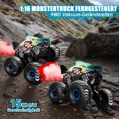 Remote control car, 1/16 monster truck with stomp and 360° rotation, Shark monster truck remote controlled with spray, lights, music, 15KM/H RC monster truck with 40MIN playtime, gift for 3 6 8 10 year old boys.