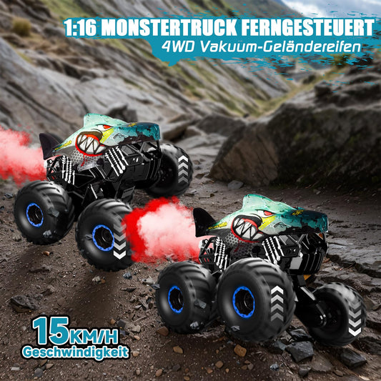 Remote control car, 1/16 monster truck with stomp and 360° rotation, Shark monster truck remote controlled with spray, lights, music, 15KM/H RC monster truck with 40MIN playtime, gift for 3 6 8 10 year old boys.