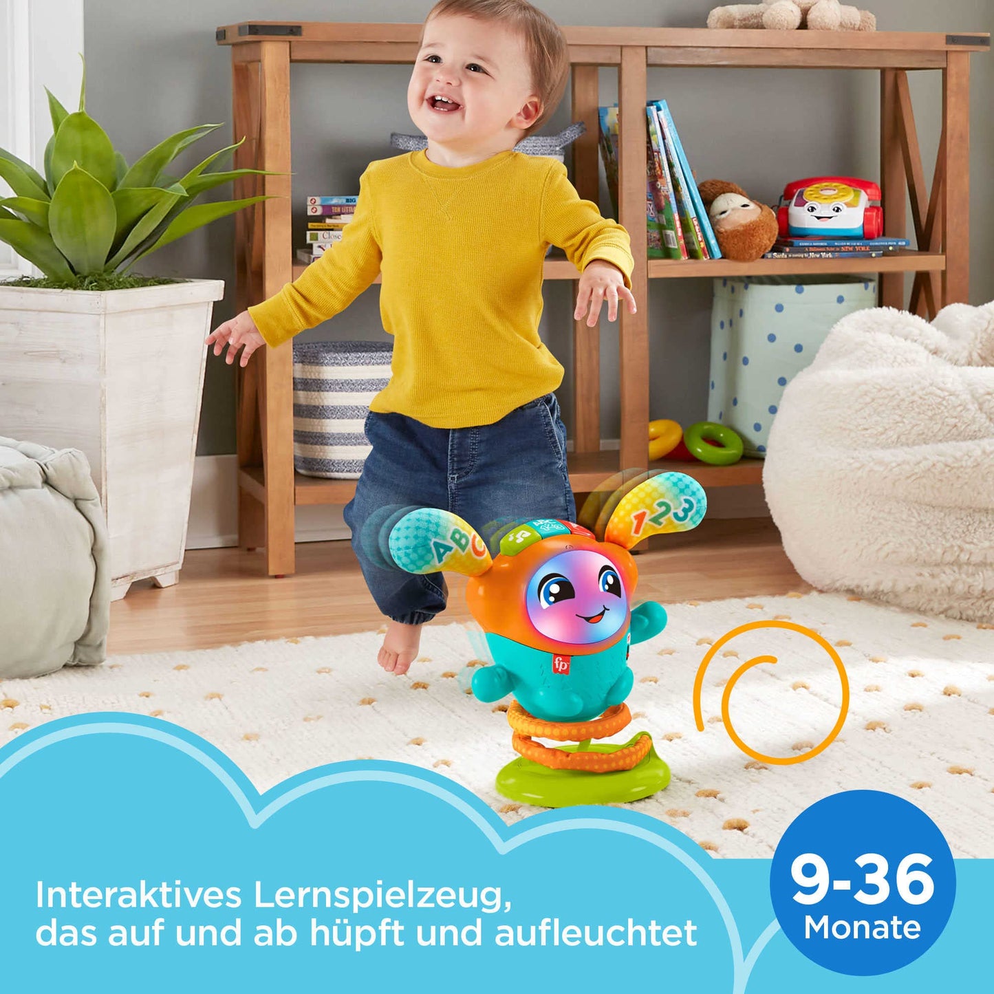 Fisher-Price, DJ Hüpfi, GERMAN Version, interactive learning toy for dancing, moving, and bouncing, with music and suspension, baby toy for children ages 9 months and up, HJP94.