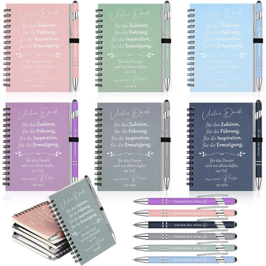 6 Sets Thank You Gifts for colleagues. Includes 6 spiral notepads and 6 pens with touchpens. Farewell gift for coworkers. Motivational gift set for Christmas. (Thank you)
