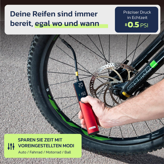 The Woowind BP188 electric bike pump is a portable compressor for cars, bikes, and motorcycles. It has a battery and can inflate up to 120-150 PSI with all valve types. The pump has a durable metal casing.