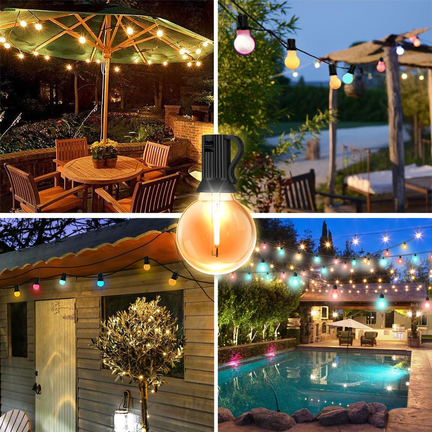 HOUHUI Outdoor String Lights 15M, RGBW with Remote Control, G40 Dimmable LED Hanging Lights Color Changing, Waterproof Christmas Lights for Weddings, Parties, 25+2 G40 Bulbs