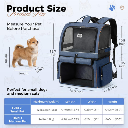 LekeSpring Double-Layered Cat Backpack for 2 Cats Large Cat Carrier Backpack Foldable Pet Backpack for Cats Dogs up to 11kg - Blue