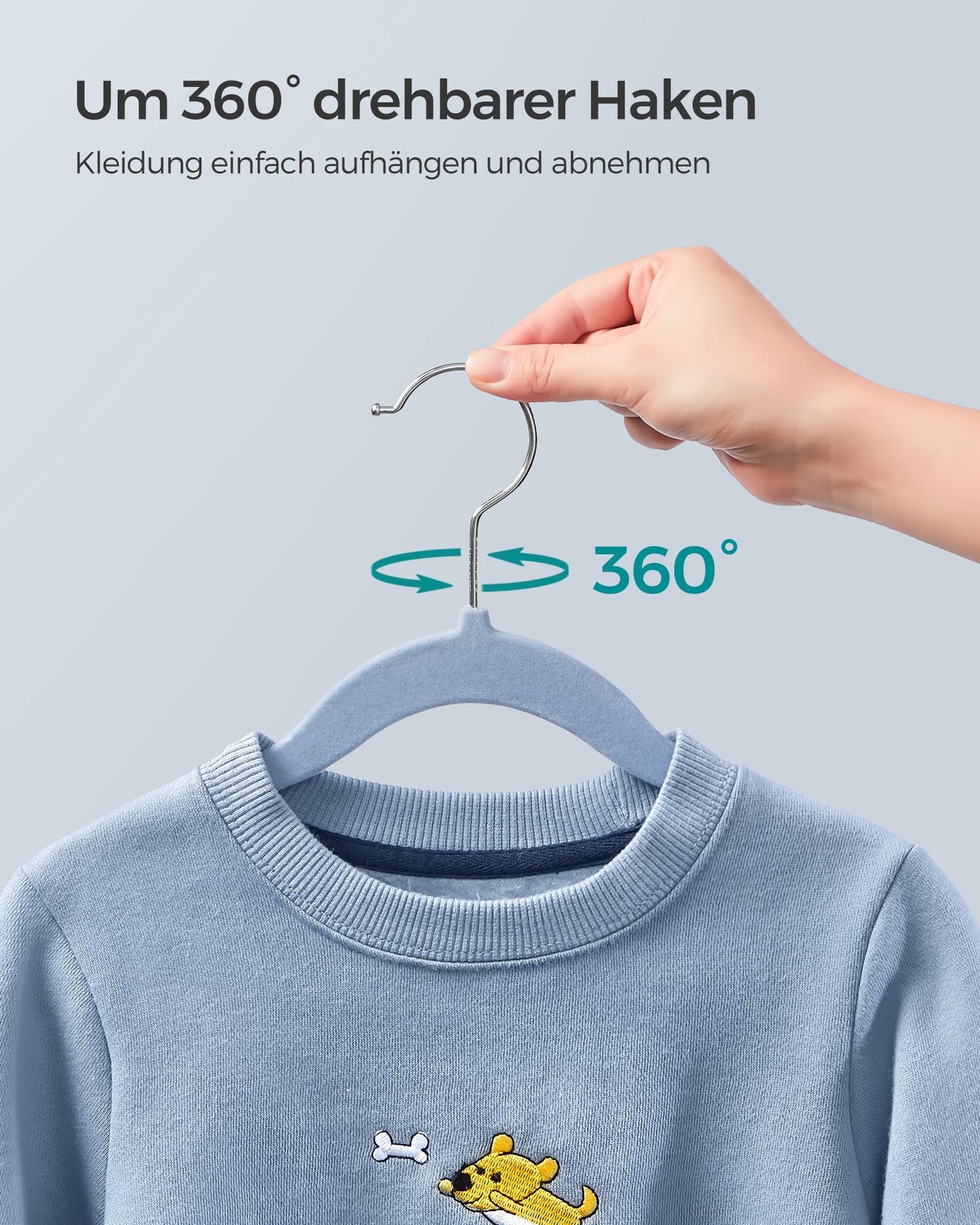 SONGMICS Children's Hangers, Set of 50 Kids Hangers, Baby Hangers, Velvet Hangers, 360° Rotating Hook in Silver, Space-saving, Non-slip, for Wardrobe, Pale Blue CRF027Q05