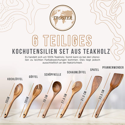 TROSTER® Kitchen Utensil Set Wood - 100% FSC - Wooden spatula, wooden spoon, wooden soup ladle, wooden skimmer - Wooden kitchen helper set - Wooden cooking utensil set - Wooden cooking utensils set
