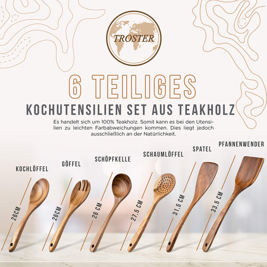 TROSTER® Kitchen Utensil Set Wood - 100% FSC - Wooden spatula, wooden spoon, wooden soup ladle, wooden skimmer - Wooden kitchen helper set - Wooden cooking utensil set - Wooden cooking utensils set