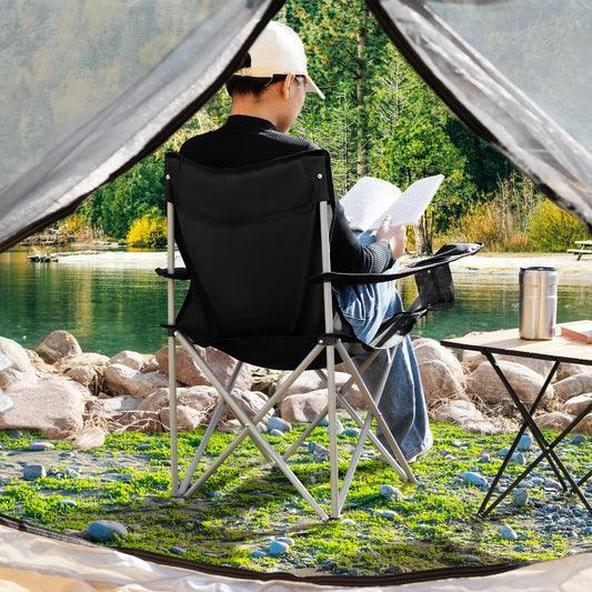 AMHANCIBLE Folding Camping Chair 2 Pack, Foldable Fishing Chair with Drink Holder, Portable Camping Chair with Armrests and Carry Bag, Lightweight Camping Chairs Set of 2, Up to 120kg Capacity, Black OCC01BK