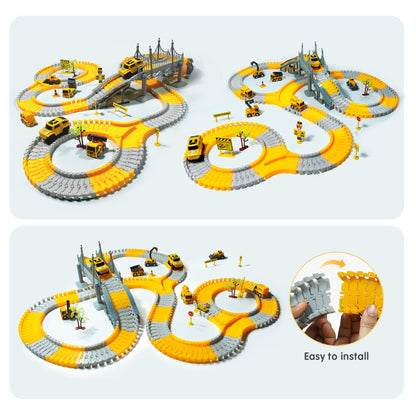 TOMMYHOME tracks toy with electric car, flexible train tracks for kids, highway play set for boys girls gift, 2 race cars and 6 construction vehicles.
