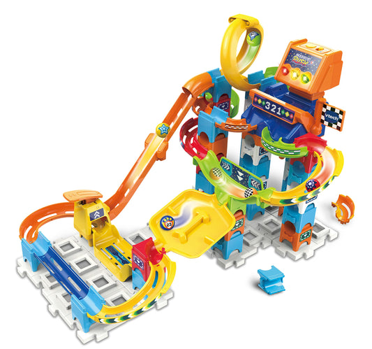 VTech Marble Rush - Racing Set M200 E - Interactive marble run set with lights and sounds, exciting track elements, building options, and path configurations - For kids aged 4-12.