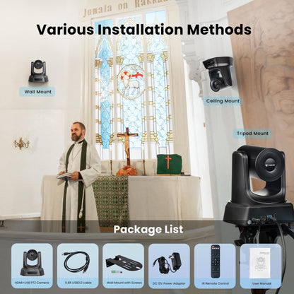 TONGVEO HDMI PTZ camera with 20X optical zoom, ideal for church live streaming and online conferences. Supports 1080P 60fps resolution and works seamlessly with Zoom, Skype, and OBS. Easy to set up.