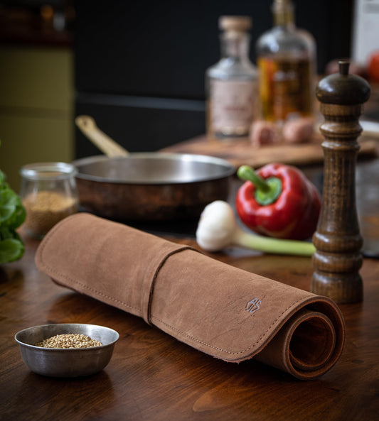 Angus Stoke knife bag Chef knives - Premium leather chef knife roll large - Knife bag chefs - Chef bag Noah (Brown)