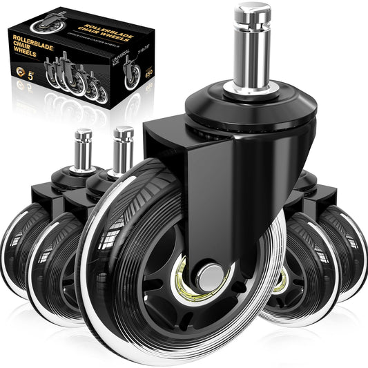 Office chair casters 5-piece set, casters for office chairs 11mm x 22mm, universal hard floor casters for office chair chair casters replace floor protection mat, scratch-free smooth silent glide rubber casters office chair.