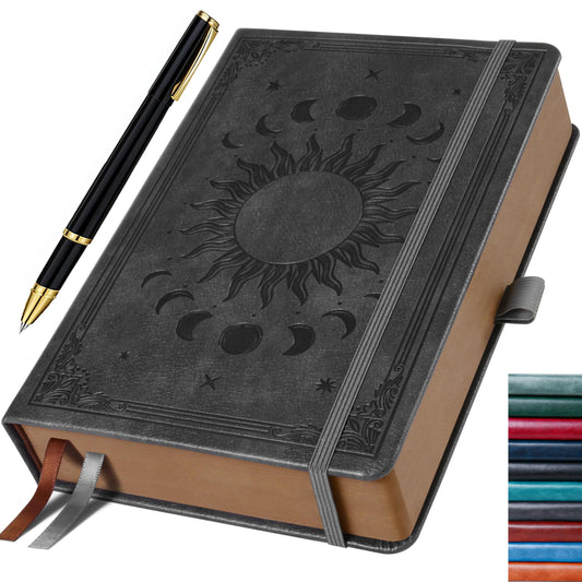 HwxBen Journal notebook for women and men, 360 pages leather hardcover in vintage sun & moon design, dark gray, 19.6 x 25.4 cm.