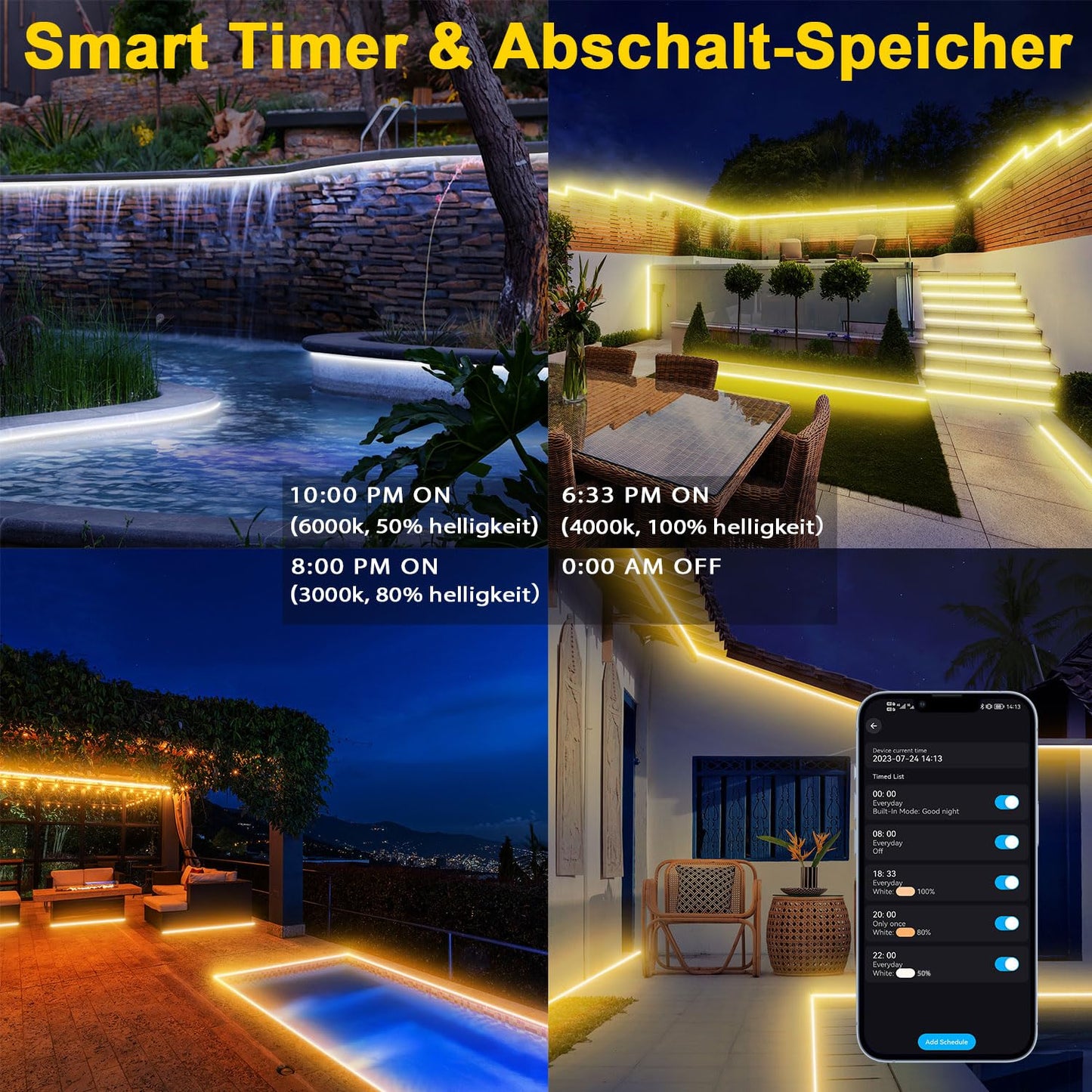 TENDIST Led Strip 15M Outdoor Warm White To Cool White Dimmable, IP67 Waterproof Led Strip Alexa Compatible Wifi App and remote control, 24V Outdoor Led Tape Self-adhesive for Garden, Kitchen