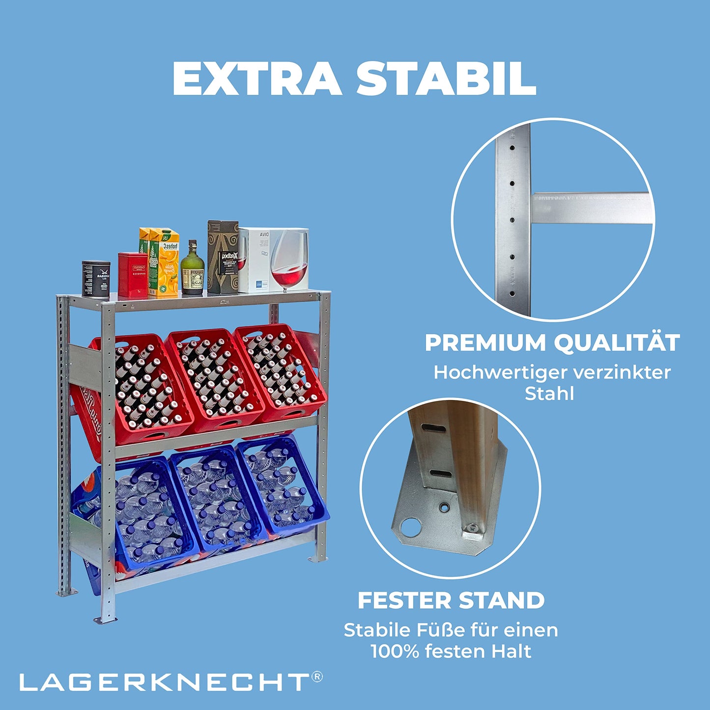 Warehouseman Beverage Crate Rack 6 Crates Made in Germany professional organization for crates Rack for beverage crates with shelf, drinks rack, water crate rack, beer crate rack