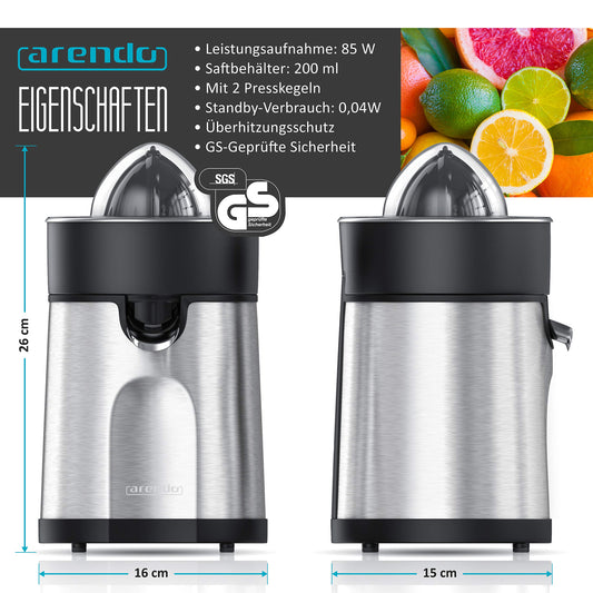 Arendo - electric orange juicer & citrus press stainless steel - juice container 200 ml - start-stop automatic - with 2 press cones - including clear hood - GS tested safety.